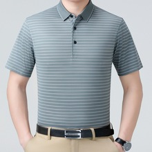 短袖T恤男2025夏季高端桑蚕丝条纹商务休闲半袖中年爸爸装体恤衫