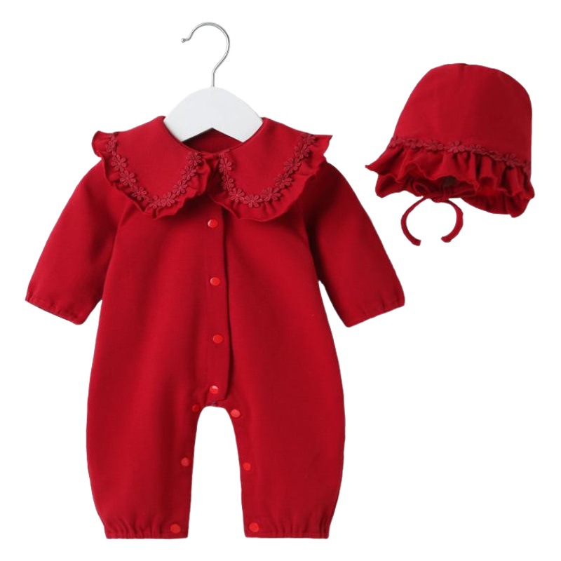 Ropa de pedo de manga larga, tesoro femenino, tipo de bebé, estilo de primavera y otoño de algodón puro, estilo de princesa, mampara roja, bebé de un año, uso externo