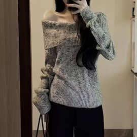 慵懒辣妹灰色一字肩软糯套头毛衣女冬季新款法式独特别致针织衫潮