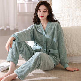 秋冬天睡衣冬季女士加厚珊瑚绒2023年新款休闲和服领两件套家居服