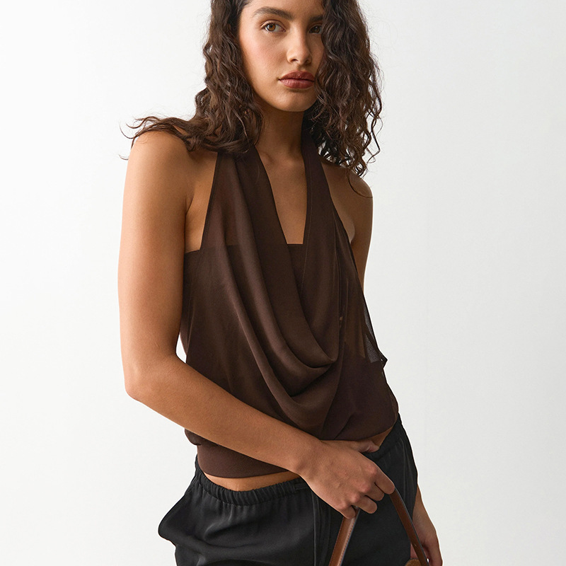 2026 primavera y verano nuevo temperamento de moda sin mangas cuello colgante laminado camiseta de espalda de mujer image 2