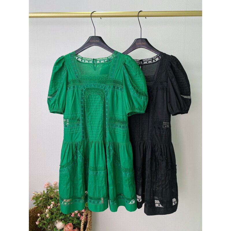 New York Luxury Brand~French Court Style Square-Neck Puff-Sleeve Dress for Women, Slimming Pleated Lace Patchwork Babydoll Dress
