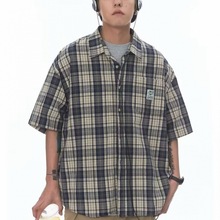 格子短袖衬衫男夏季新款美式复古高街衬衣小众设计感潮流上衣