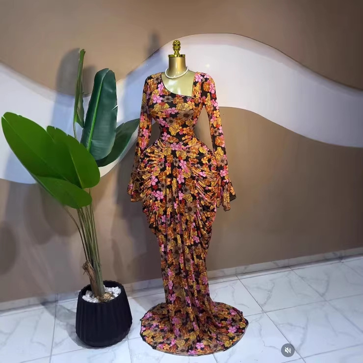 In-Stock 2026 Spring Cross-Border European and American Women's Long-Sleeve Printed Mesh See-Through Ruched Birthday Evening Dress Long Dress