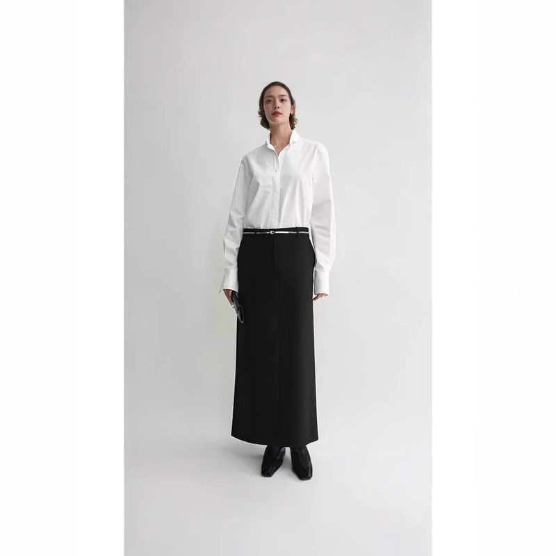 New crisp white cotton poplin A- line tuxedo shirt with classic hem collar minimalist