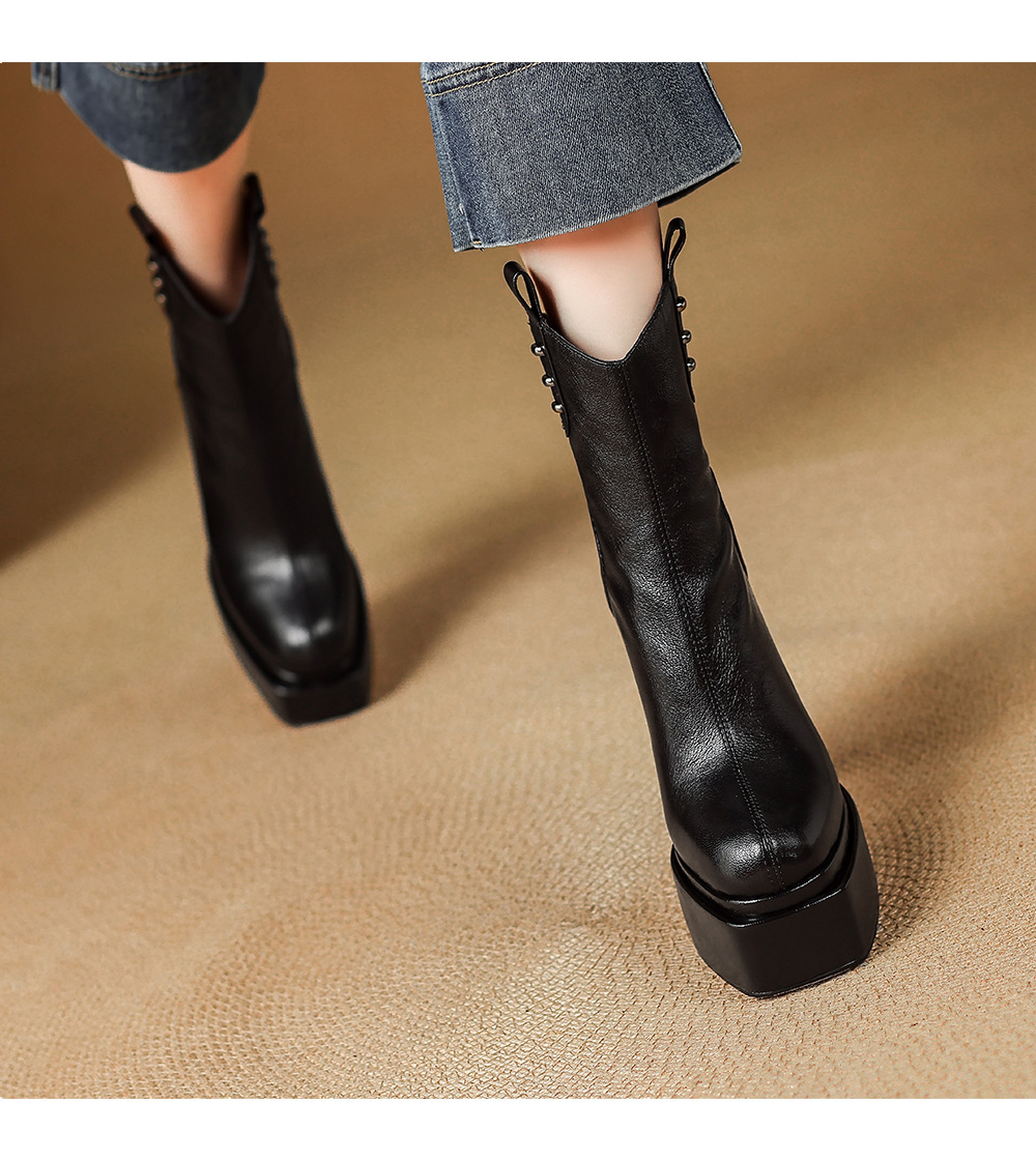 Boot nữ cổ thấp mũi vuông gót vuông cao 9 cm, đế platform, lót nhung ấm mùa thu đông — Lớp lót nhung đen chi tiết 6