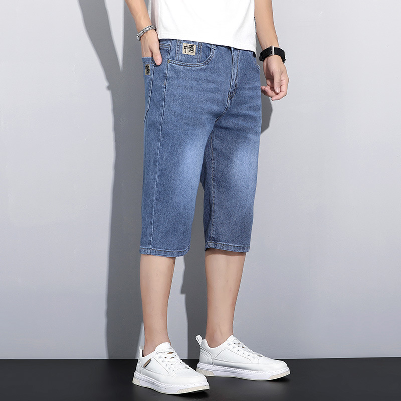 Summer Explosions Embroidered Cropped Jeans Men's Business Loose Straight Stretch 7 Shorts Trendy Horse Pants