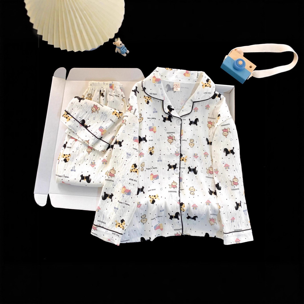 Cross-Border Autumn Cloud Cotton Children's Pajamas Wrinkled Cloth Boys' Thin Long-Sleeved Lapel Suit Medium and Large Children's Home Clothes