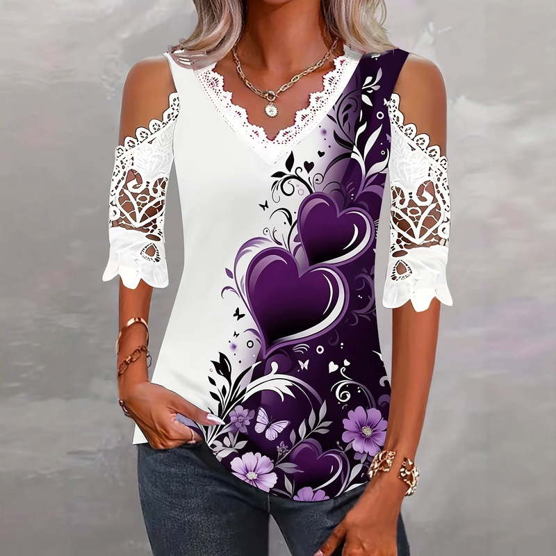 2026 Spring/Summer Amazon European and American Cross-Border Lace Patchwork Printed Short-Sleeve T-Shirt Top for Women, Designer Top for Women