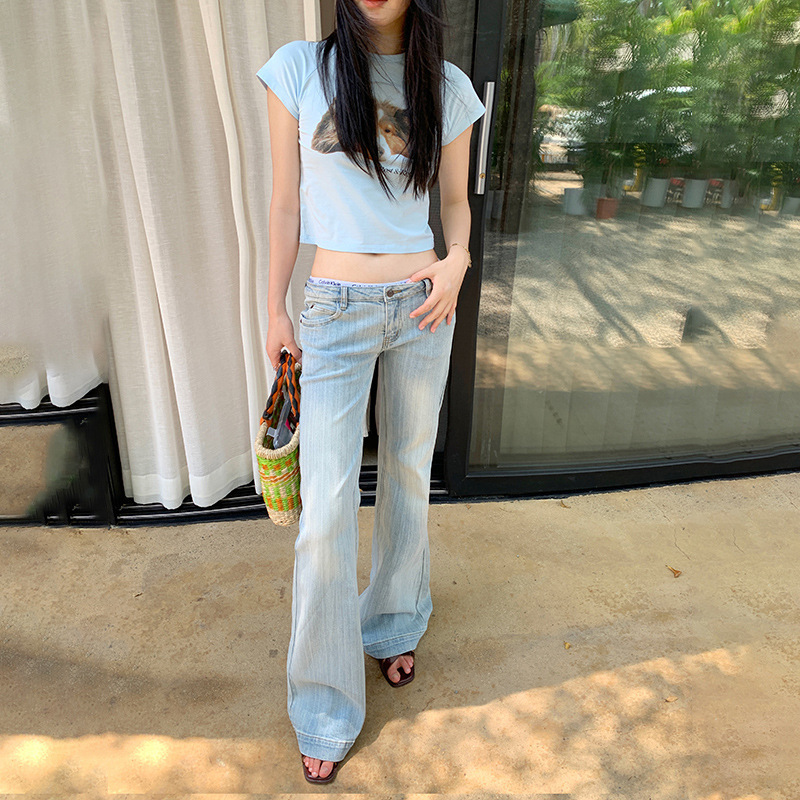 Korean-Style Light-Colored Low-Waist Stretchy Slimming Versatile Flared Jacquard Back Pocket Retro Flap Design Flared Jeans