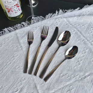 Stainless Steel Knife, Fork and Spoon Square Handle Tableware suit Steak Western Food Utensils Hotel Household Light Tea Spoon 5 Components