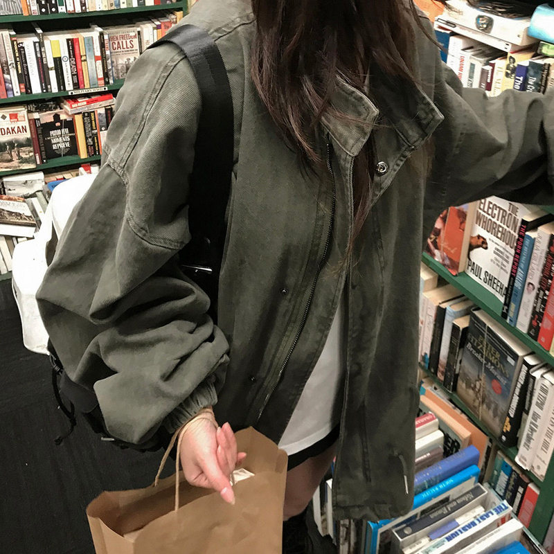 Korean Style Large Profile Cool Loose and Relaxed Stand Collar Casual Windbreaker Jacket for Women