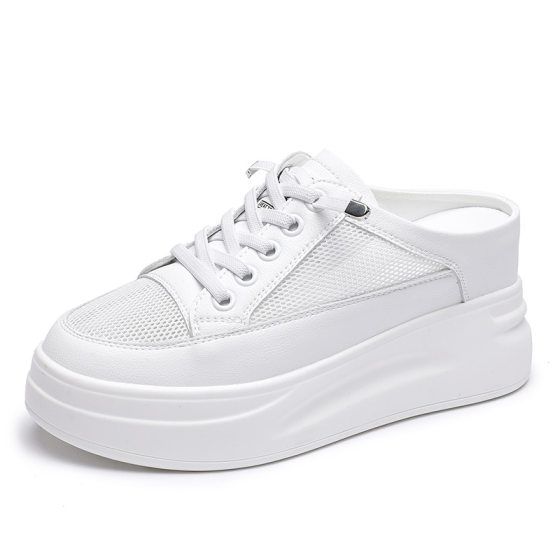 Genuine Leather Baotou Mesh Half Slippers Women's Summer Outer Wearing New Style White Inner Height Increasing Shoes Korean Style Fashionable Mesh Slippers for Women