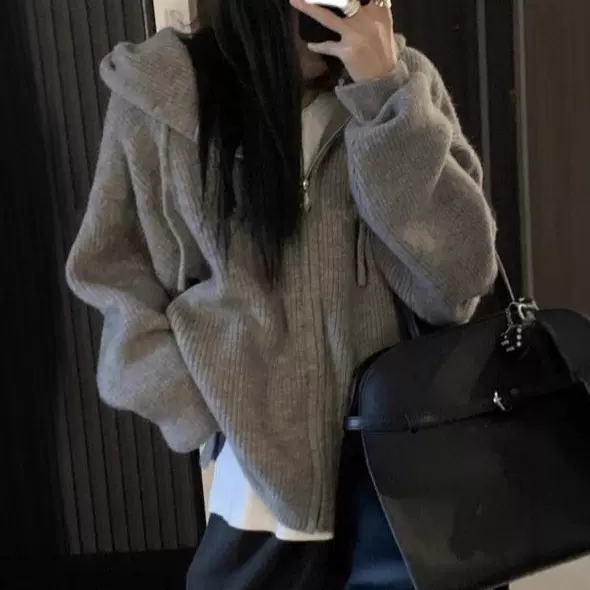 连帽拉链毛衣女春秋季韩系新款内搭外穿慵懒宽松开衫针织衫女外套