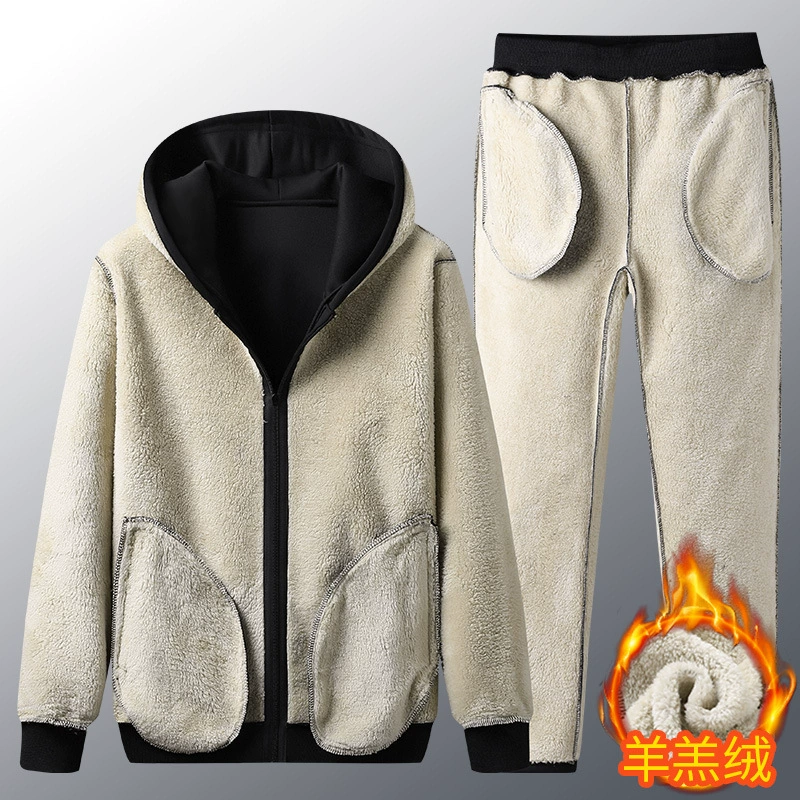 Winter sports suit with hood, cardigan with zipper, fleece set, sweatshirt, warm trousers, 2 piece set