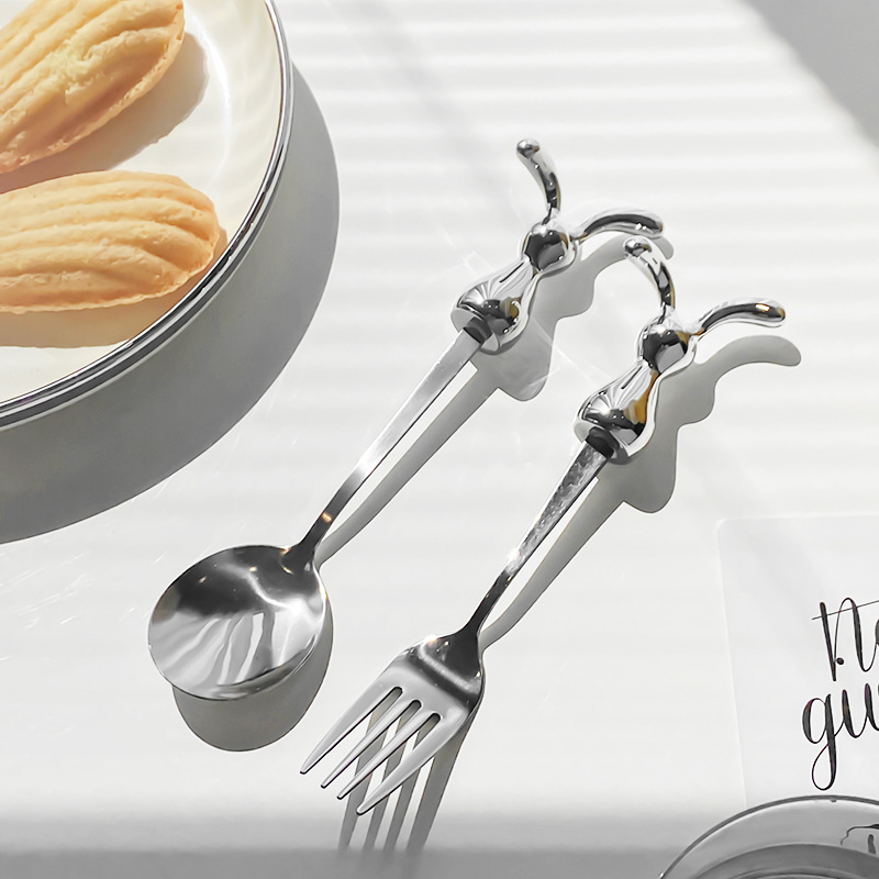 Hogar creativo conejo Tenedor de fruta de acero inoxidable cuchara para niños Tenedor de palo de fruta pastel de postre tenedor ins lindo