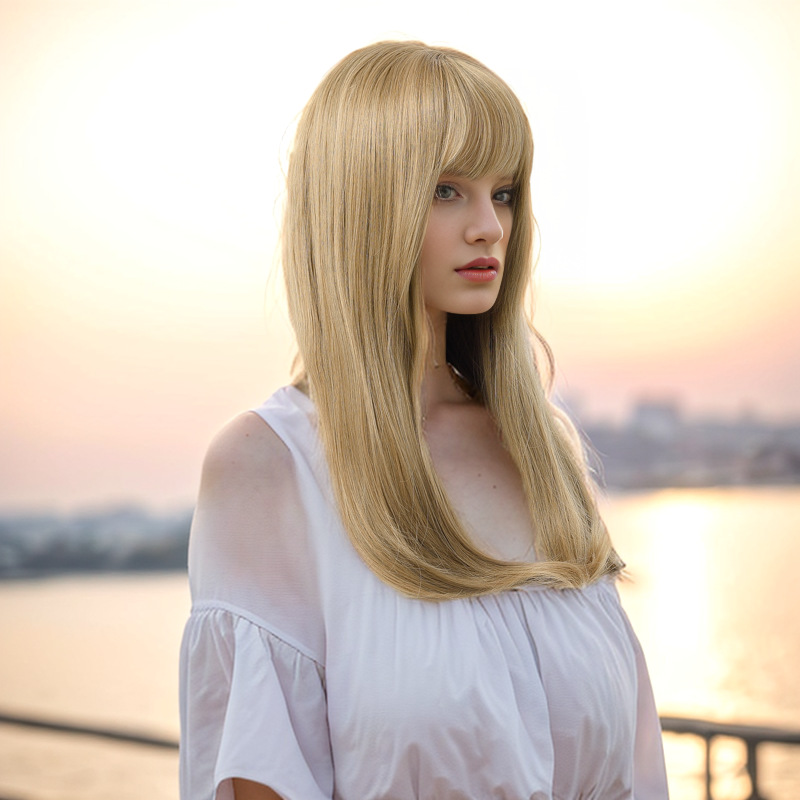 Synthetische Perücke für Damen, Prinzessin, zum Trimmen des Gesichts, lang, gerade, mit Luftknall, mechanisierte chemische Faser-Haarabdeckung_voghion.com