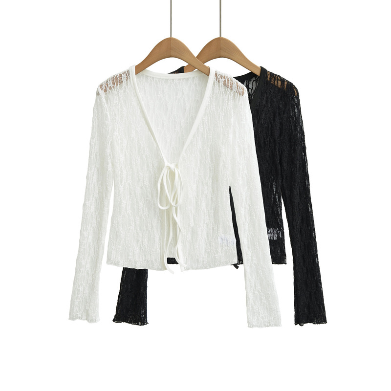 Pure Desire Style V-Neck Low-Cut Lace-Up Long Sleeve Lace Blouse for Women, Summer Elegant Thin See-Through Tie-Up Slim Cardigan Pure Desire Style V-Neck Low-Cut Lace-Up Long Sleeve Lace Blouse for Women, Summer Elegant Thin See-Through Tie-Up Slim Cardigan