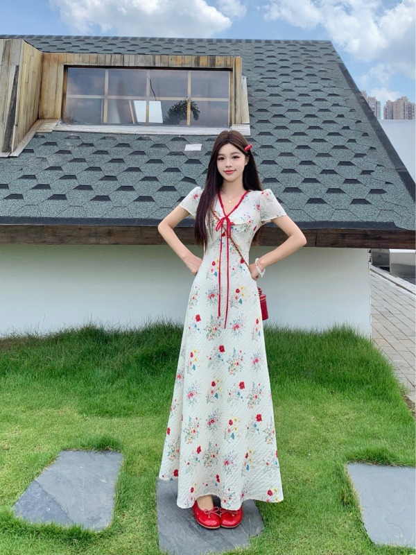温柔风优雅碎花裙法式短袖连衣裙女夏季新款大码胖MM显瘦茶歇裙子|undefined