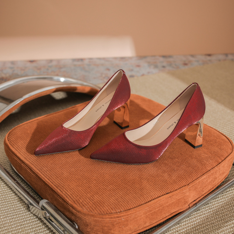 7777E High-heeled Shoes for Women High-heeled Satin Bridesmaid Shoes Simple Shallow Mouth Single-layer Shoes Pointed Thick Heel wine red Wedding Shoes