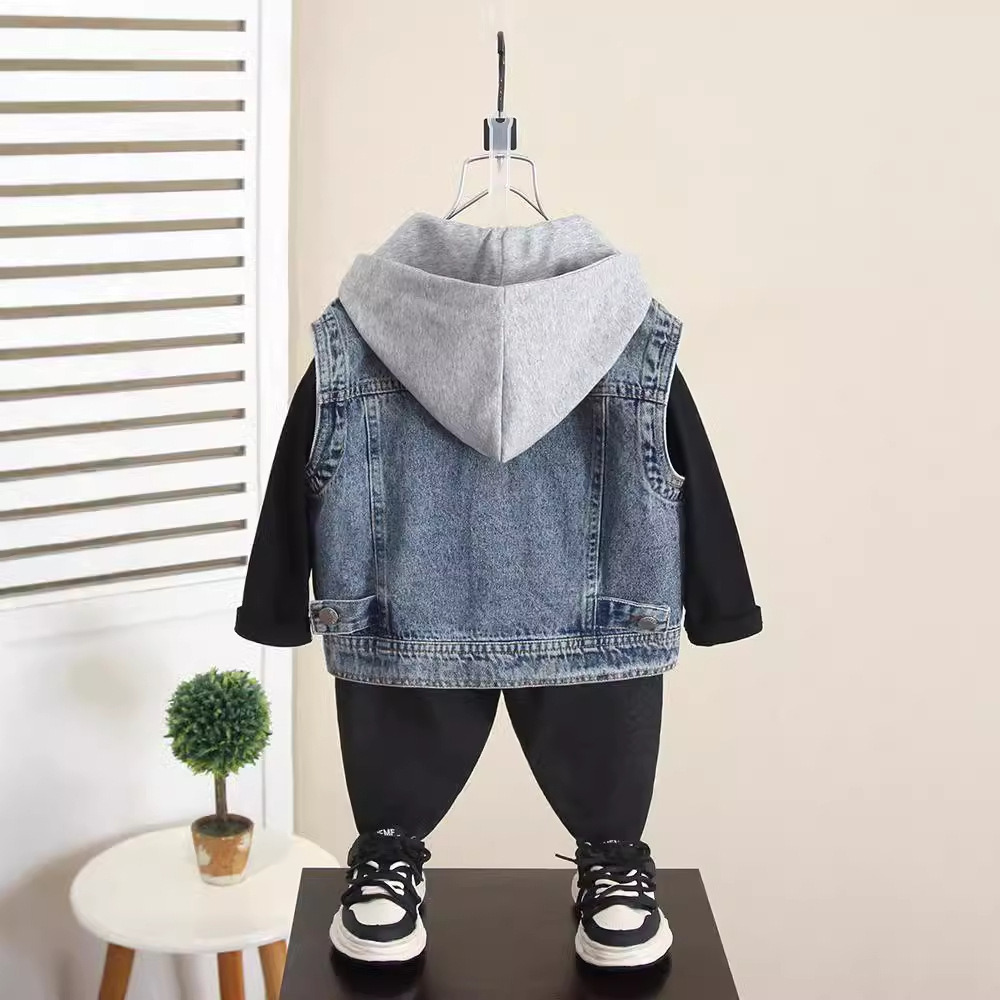 6262 Chaleco de mezclilla para niños, ropa exterior de primavera y otoño 2025 nuevo bebé, chaleco con capucha coreana de otoño para niños
