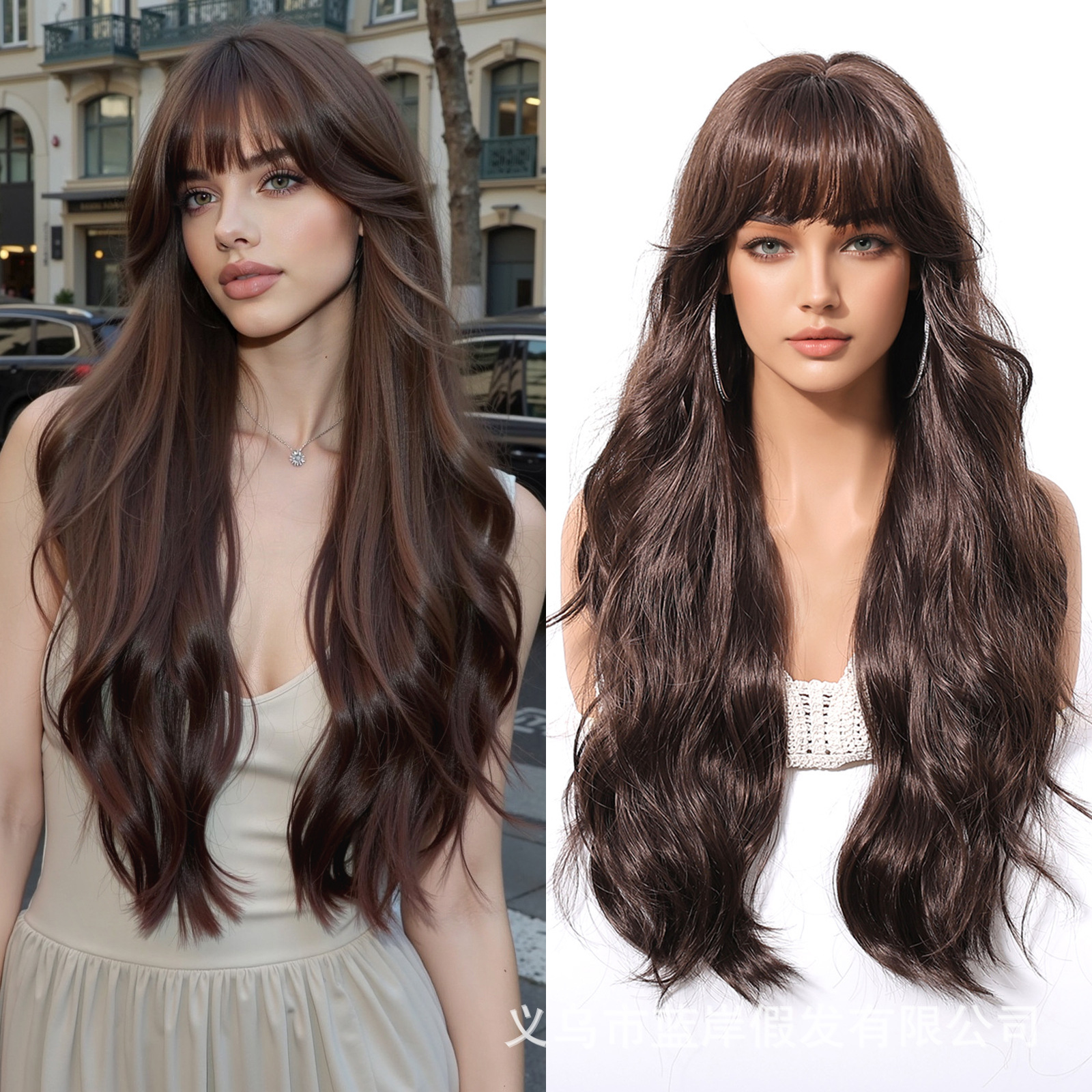 Pelucas de corte de estilo europeo y americano, pelucas con flequillo, cubiertas completas para mujer, cabello rizado, grandes ondas, cubiertas de fibra química, wigs