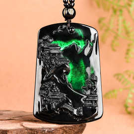 天然a货翡翠墨翠山水牌玉石吊坠挂件玉佩男士项链女款玉佩批发