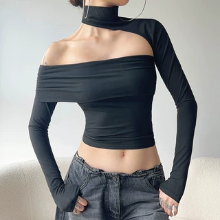 欧美风辣妹挂脖不对称长袖露肩翻边抹胸时尚街头个性休闲T恤上衣