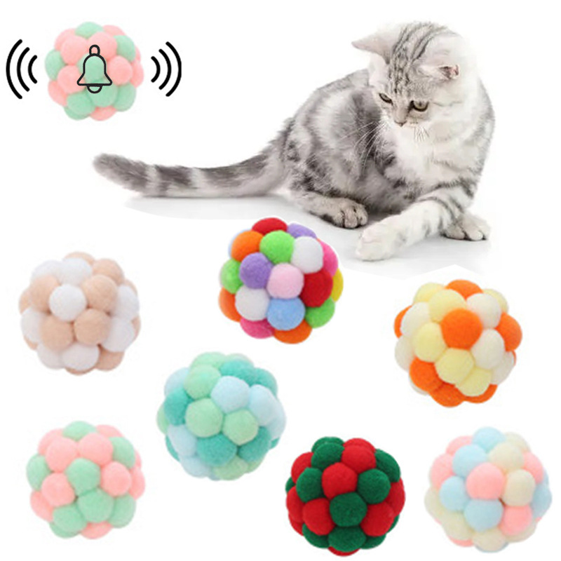 猫咪毛绒球玩具宠物弹力铃铛球自嗨球球逗猫七彩毛线球彩虹球