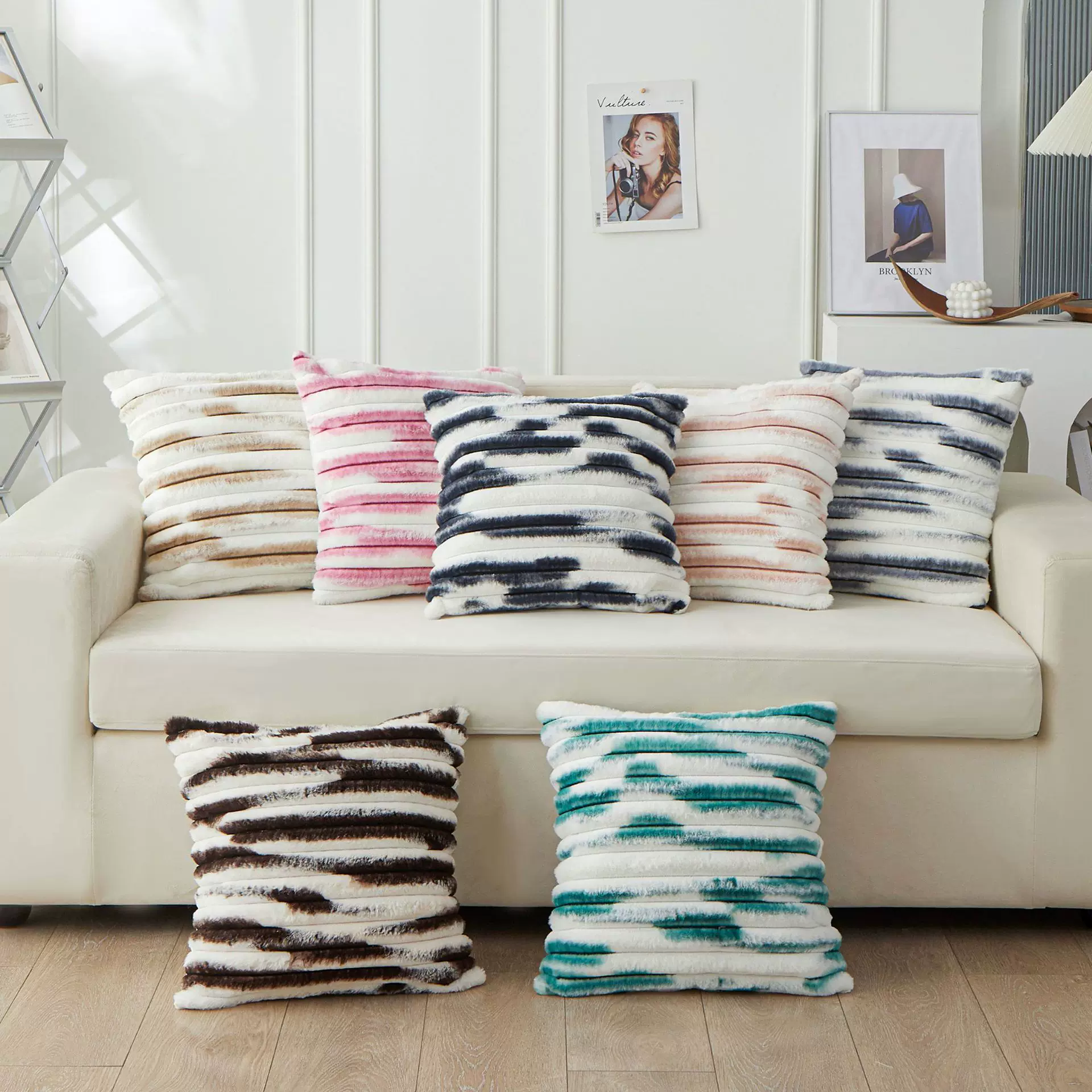 跨境外贸爆款批发PV绒长毛绒床头靠垫软包几何条纹方形沙发靠背垫