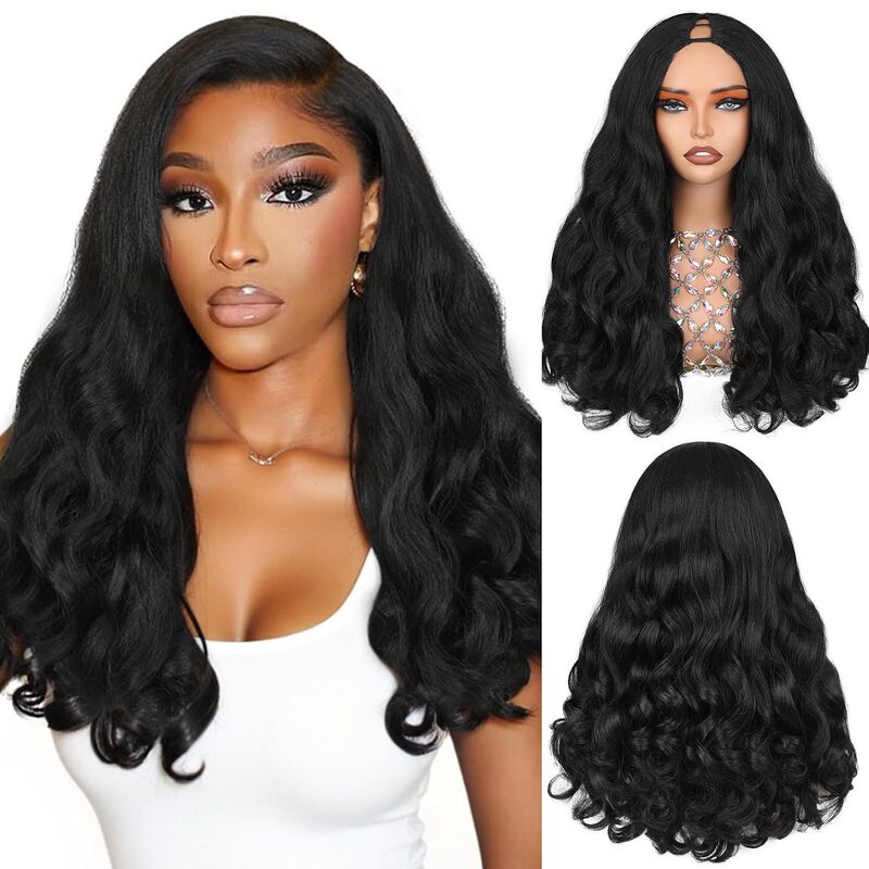 Cross-border wigs: European and American women's V-part hollow black long curly half wig, yaki silk elastic curly wig Cross-border wigs: European and American women's V-part hollow black long curly half wig, yaki silk elastic curly wig