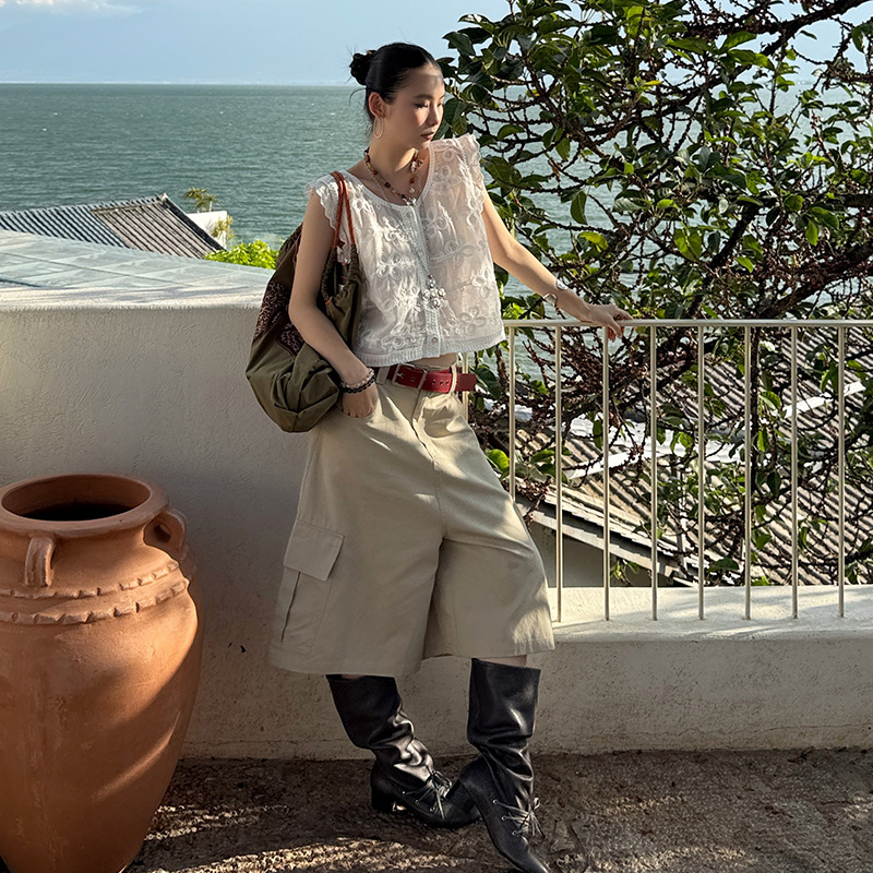 MMFISH pantalones cortos de bolsillo grande de la calle de moda, pantalones rectos, holgados, de cintura baja, piernas anchas, un mono 25K261