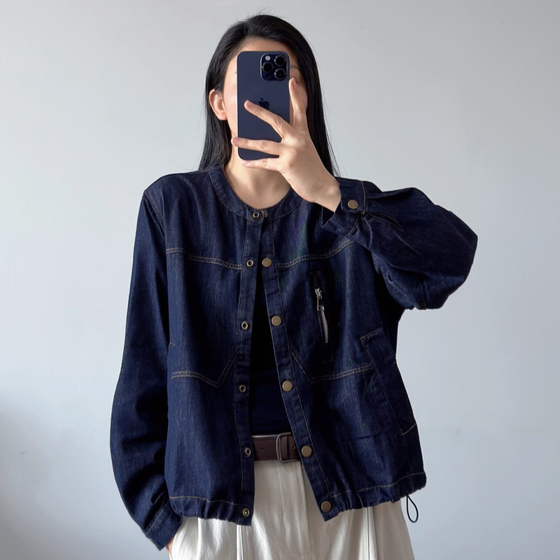 Round Neck Denim Shirt, New Spring and Autumn Style, Korean Fashion Drawstring Slim-Fit Casual Shirt for Women 1152 Round Neck Denim Shirt, New Spring and Autumn Style, Korean Fashion Drawstring Slim-Fit Casual Shirt for Women 1152