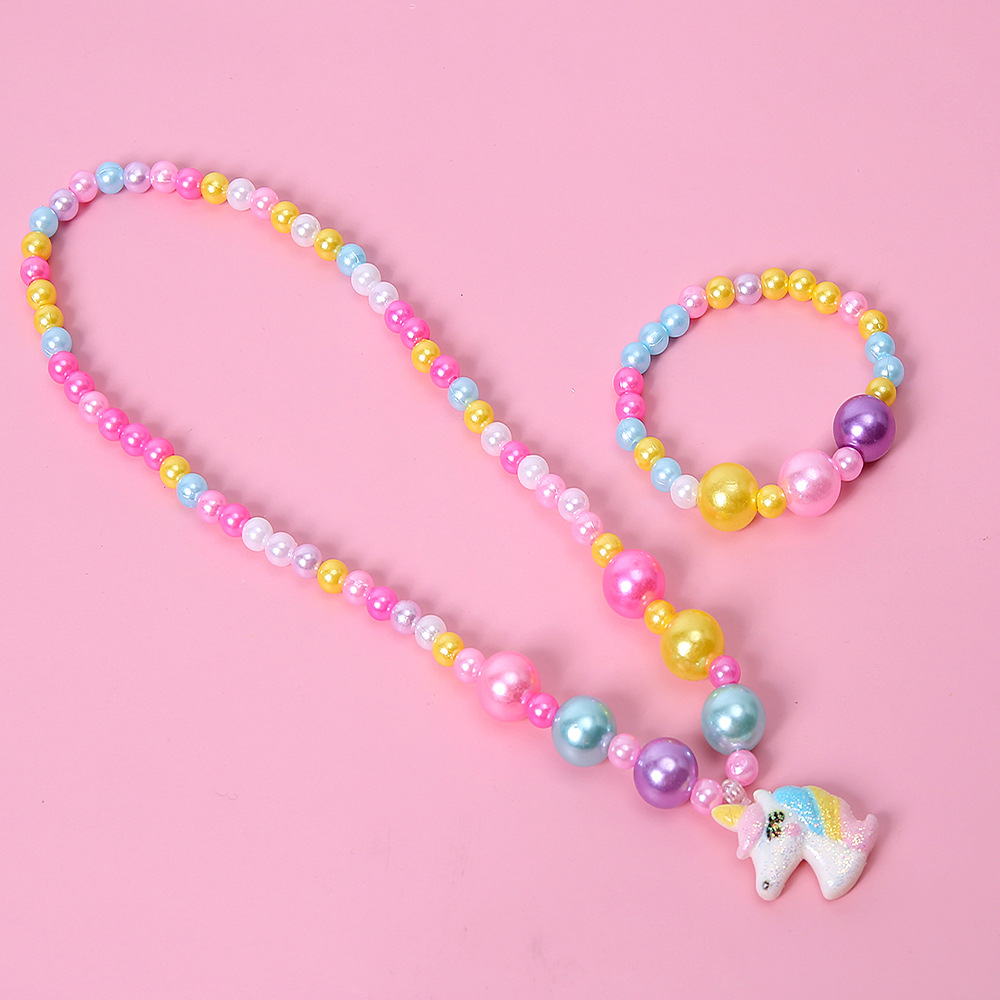Pendant Unicorn Color round Beads Bracelet and Necklace Set