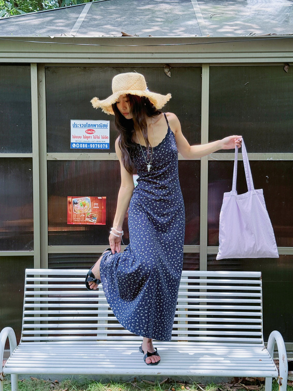 【韓系小娘房】歌銘復古砕花ストラップワンピース夏レース中ロングスカートY4884F|undefined