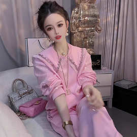 甜妹粉色春装时尚穿搭韩系时髦重工翻领宽松显瘦两件套女装卫衣