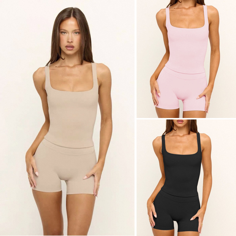 Cross-Border European and American Style Nude-Feel Square-Neck Sports Tank Top Women's Yoga Set Fitness Quick-Dry Shorts Two-Piece Set Cross-Border European and American Style Nude-Feel Square-Neck Sports Tank Top Women's Yoga Set Fitness Quick-Dry Shorts Two-Piece Set