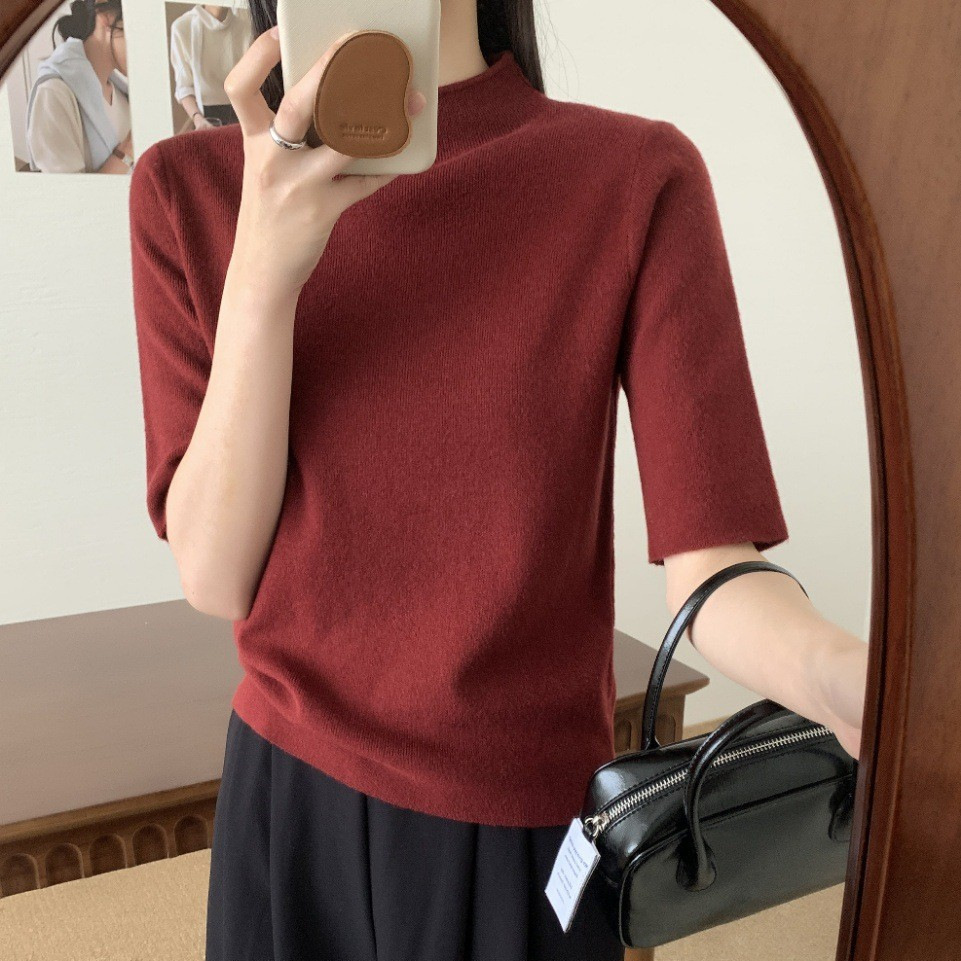 Women's Spring Turtleneck Half-Sleeve T-Shirt Stylish 2026 New Solid Color Mid-Neck Knit Top Half-Sleeve Shirt