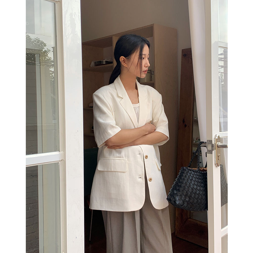 EVERTRUE linen suit jacket for women 2024 new summer Korean style mid-length short sleeve jacket 57130