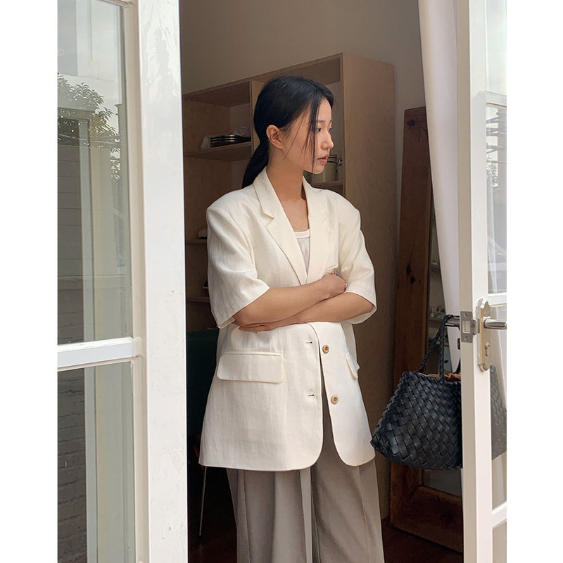 EVERTRUE linen suit jacket for women 2024 new summer Korean style mid-length short sleeve jacket 57130
