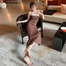 特价清仓棕色系带挂脖紧身包臀抹胸吊带裙连衣裙不退不换