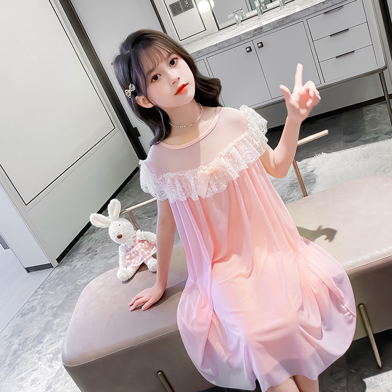 儿童睡裙女春夏女孩公主短袖女童宫廷风春夏莫代尔睡衣中大童新款