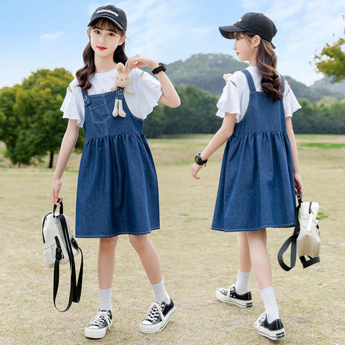 Ladie's Summer Belted Dress Set 2024 New Trendy Medium and Large Children's Korean Style Denim Dress Children's Skirt