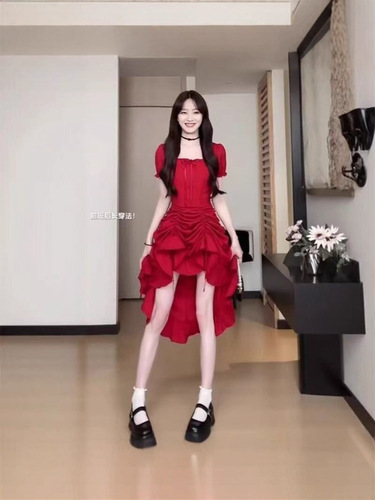Summer French Minimalist Layered Adjustable Solid Color Long Dress, Elegant Waist Cinching Slimming Dress, Three-Fold Skirt
