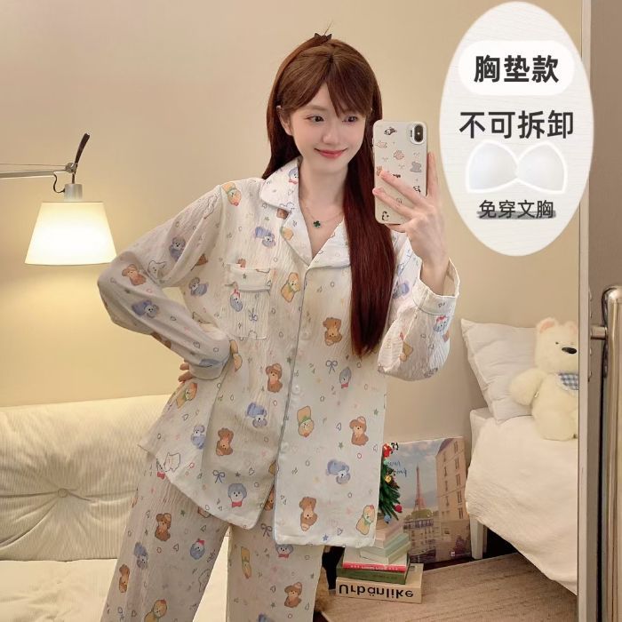 Al por mayor transfronterizo otoño nuevo pijama de nube de algodón con collar cardigan con cojín de pecho manga larga dulce conjunto de ropa de hogar