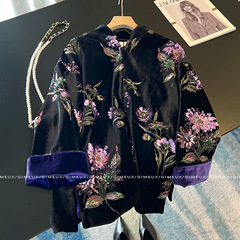 紫里紫気重工ビーズ刺繍バイオレット花ベルベット国風綿服2024冬スタイルファッション厚手コート
