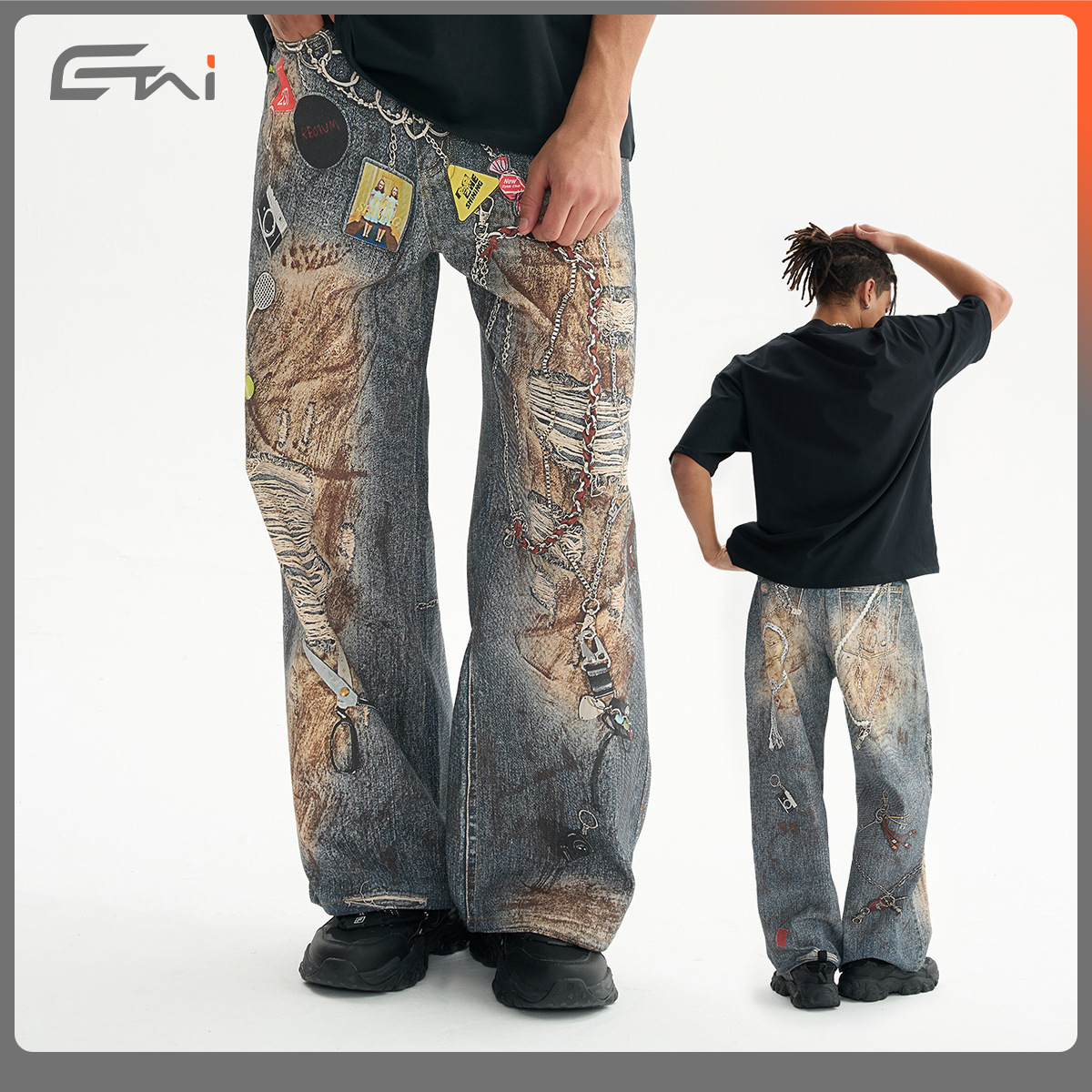 ETAI Hombre| Nuevo algodón recto impresión 3D pantalones casuales retro americano pesado botón jeans hombre