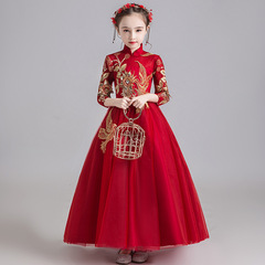 兒童洋氣禮服女童紅色生日公主裙中式蓬蓬紗主持人鋼琴演出服