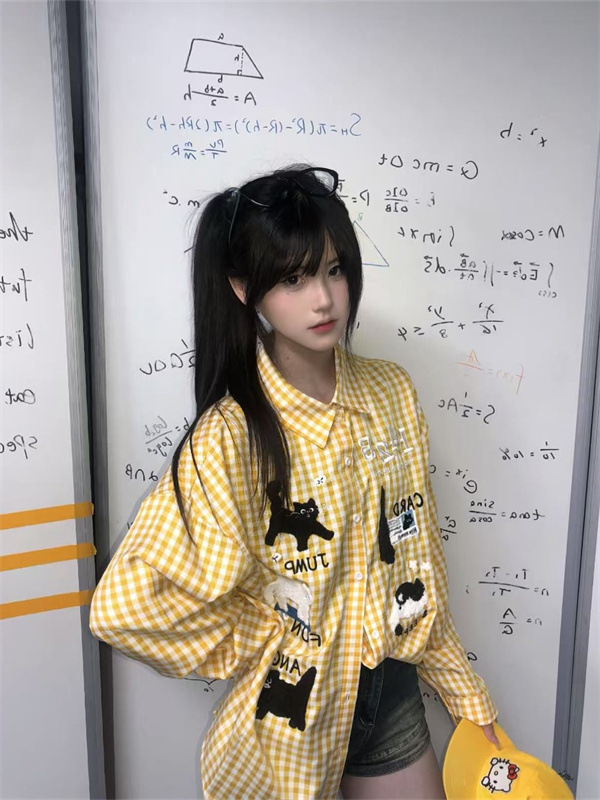 美式复古格子衬衫女学院风百搭卡通黑白格子猫咪刺绣小个子衬衣潮|undefined