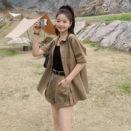 复古工装衬衫短裤女两件套小个子2024夏季韩版时尚休闲设计感套装